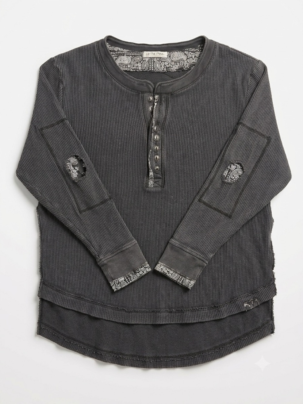 Free People "We The Free" Distressed Charcoal Henley Tee
